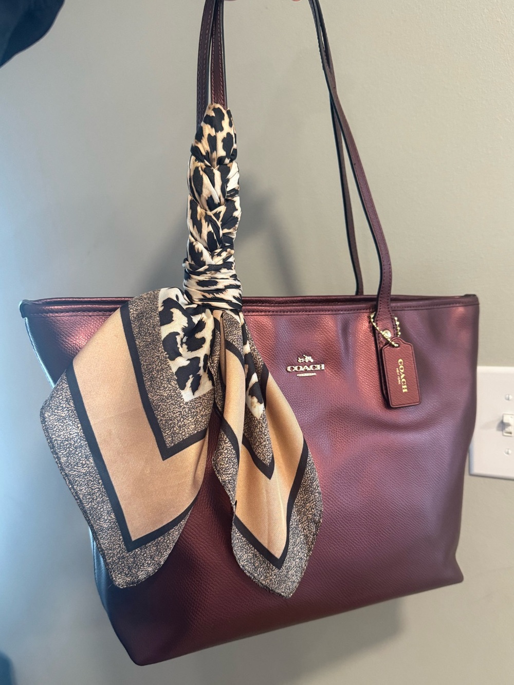 Coach City Zip Tote in Metallic Cherry Crossgrain Leather